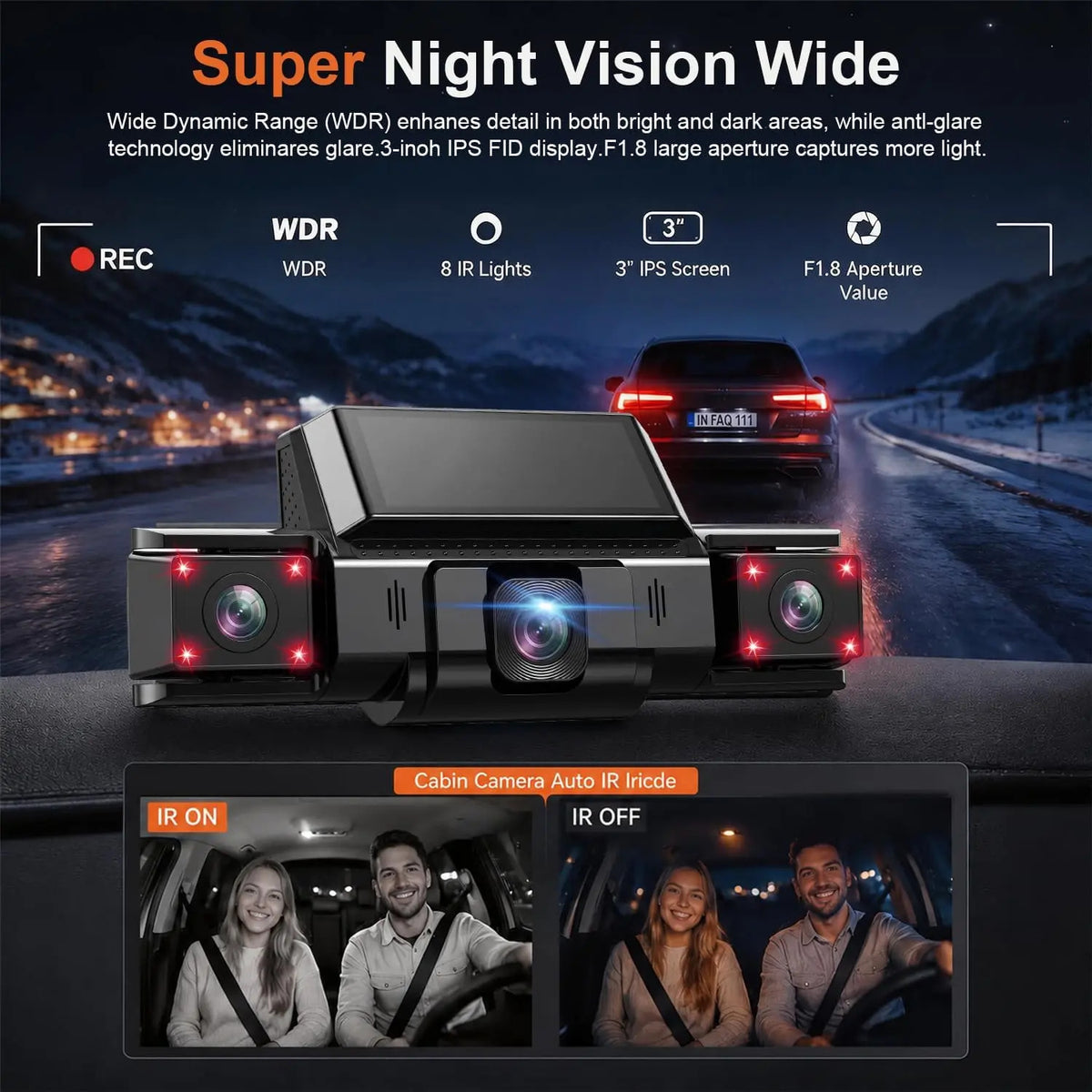 IDOLZEAL 4-Channel 360° View Dash Cam, Car Camera with Front Rear Left Right Recording, WiFi APP Control, G-Sensor, 24H Parking Mode, IR Night Vision, WDR, Wide Angle, Free 32G TF Card Included cam front