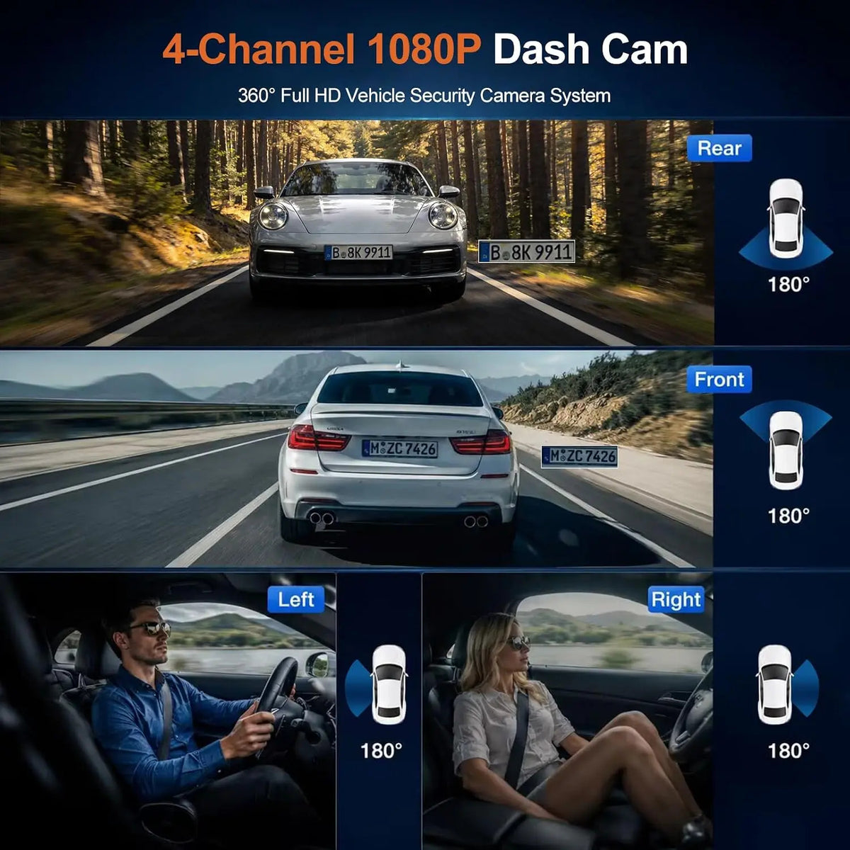 IDOLZEAL 4-Channel 360° View Dash Cam, Car Camera with Front Rear Left Right Recording, WiFi APP Control, G-Sensor, 24H Parking Mode, IR Night Vision, WDR, Wide Angle, Free 32G TF Card Included cam front